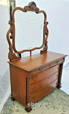 Vtg Victorian Large Tiger Oak American Dresser Chest with Mirror Circa 1900's