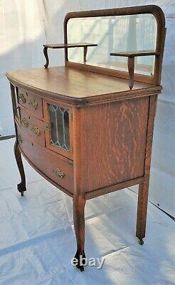 Vtg Victorian TIGER OAK SERVER / SIDEBOARD with Leaded Glass Doors & Claw Feet